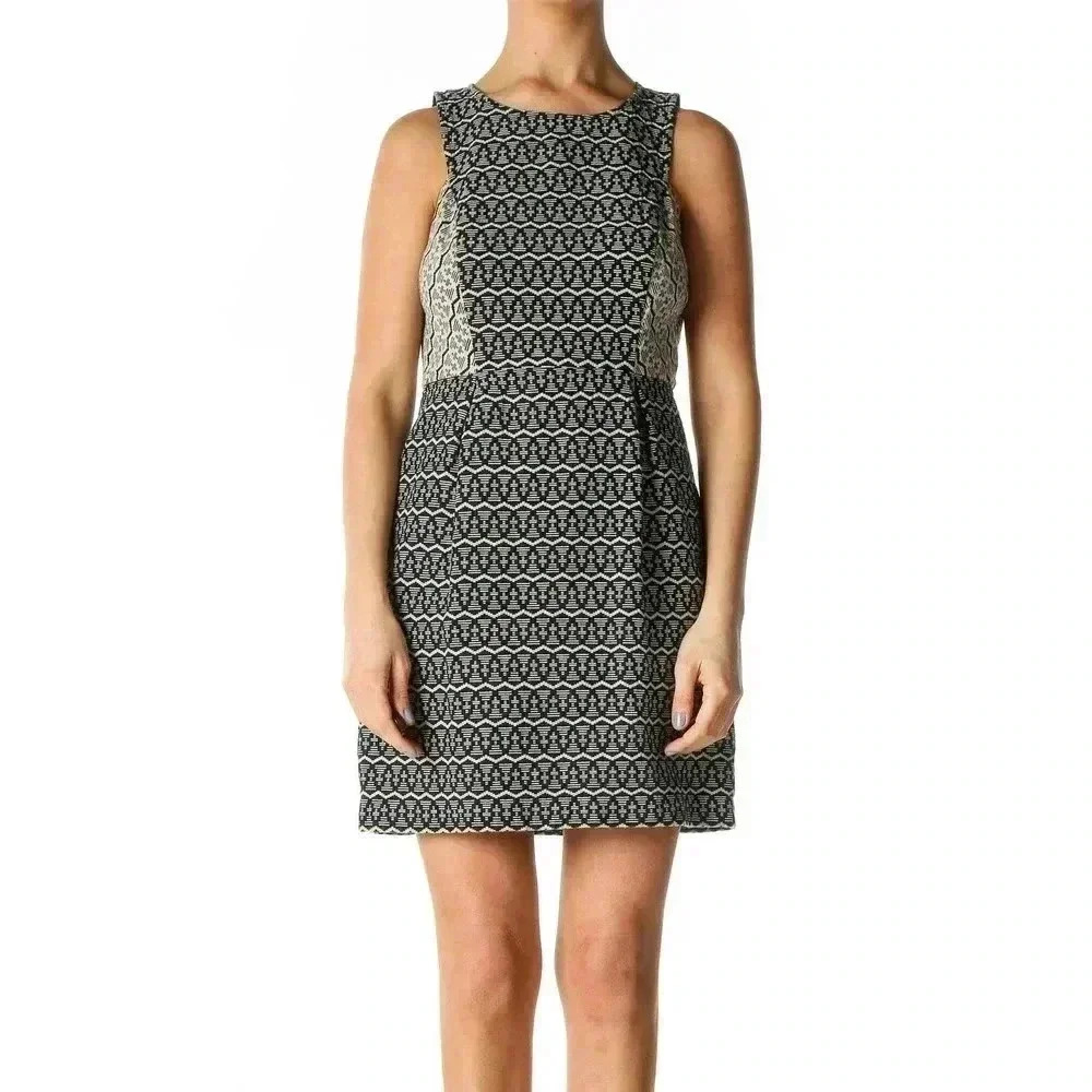 Loft Sleeveless Mini Dress Size 0P Geometric Print Navy Ivory Fitted w/ Tie Back